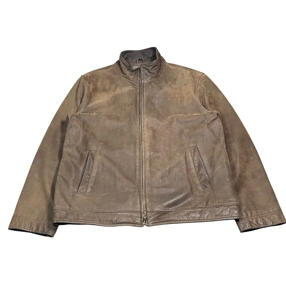 Tommy Hilfiger Mens Brown Leather Jacket Full Zip Mock Neck Coat Size Large